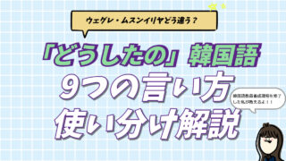 韓国語で「どうしたの？」を意味するウェグレ、ムスンイリヤ、ウェイレなど9つのフレーズの使い分けとニュアンスの違いを説明した記事のアイキャッチ画像。韓国語講師が教える可愛い言い方や丁寧な敬語の一覧。