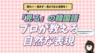 韓国語の動詞「見る（보다）」の活用12種類の一覧。見た（봤어요）・見たい（보고 싶어요）などの変化と発音を解説するアイキャッチ画像。
